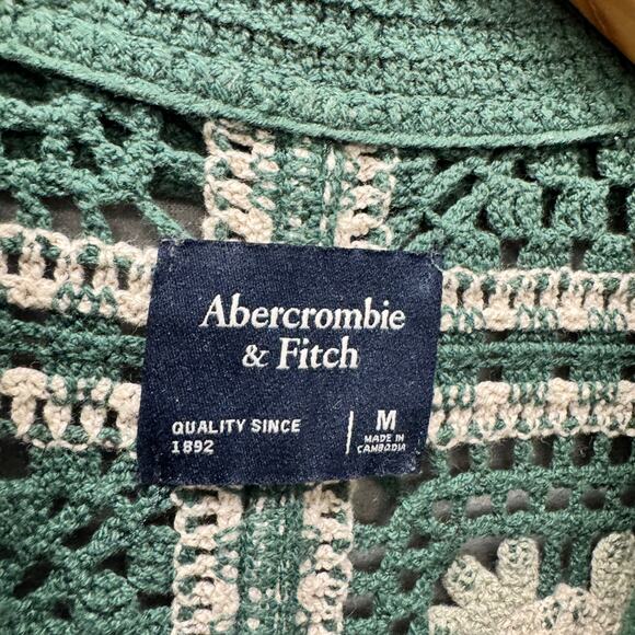 Abercrombie & Fitch Sweater Mens Medium Green Crochet Floral Knit Button Up - Picture 3 of 9